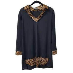 KARL LAGERFELD PARIS Jersey Knit Stretch Black Cheetah Animal Print Blouse Med
